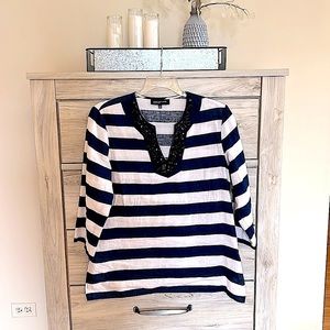 Jones New York - Linen Sparkle Striped Top - Navy Blue & White - Large